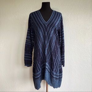 Johnny Was Blue Floral Chevron Embroidered Boho Tunic Top Sz L Bohemian